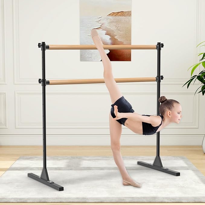 4FT/5FT/6FT Height Adjustable Freestanding Ballet Barre with Fabric Sleeve Portable Double Ballet Bar 350 lbs Capacity Heavy Duty Dance Barre for Home Workout, Stretch