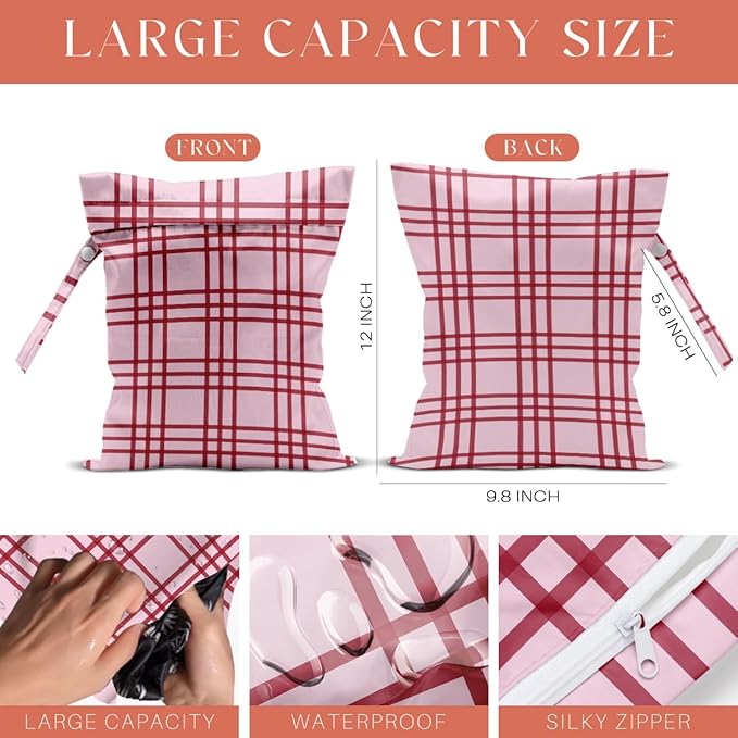 4 Pack Cute Cherry Checkered Wet Bag Waterproof Washable Reusable Wet Dry Bag for Swimsuit Pump Parts Dirty Clothes Bathing Cloth Diaper Travel Beach Pool Yoga Gym Toiletries Travel Beach Essentials
