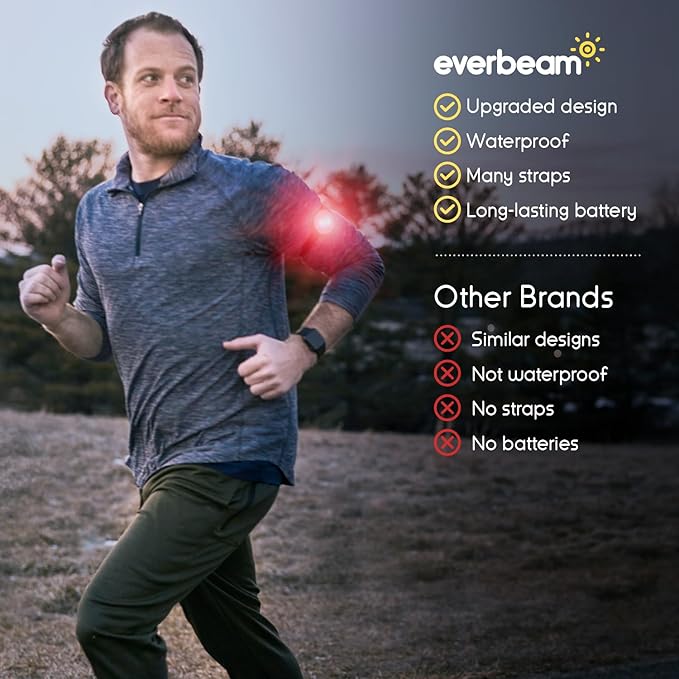 Everbeam E100 LED Safety Lights for Walking at Night - Waterproof Bike Light Excellent for Runners, Cycling, Dog Walking, Kayaking-Bright Clip On LED Light, Many Straps for Wearing - 2 Pack, Red