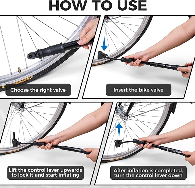 NUWAB Mini Bike Pump, 10 Inch Portable Hand Bicycle Pump, 100PSI, Support Shrader and Presta, Fast Air Out Ball Pump, Work with All Bikes and Balls, Swimming Ring, Come with Ball Needles, Nozzles