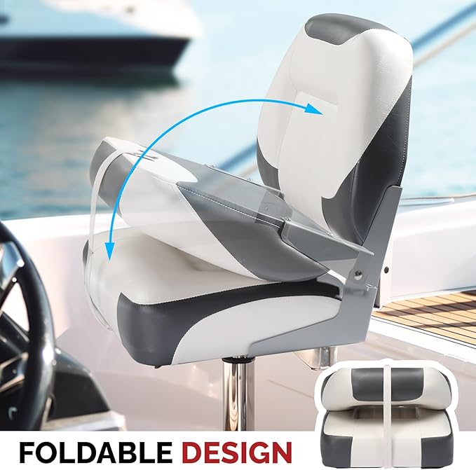 PEXMOR Boat Seats Low/High Back, Folding Boat Seat Included, Fold-Down Fishing Boat Seats Waterproof Captain Boat Seat w/Aluminum Hinges & Thick Soft Cushion, 2 Packs (Low Back-Grey & White)