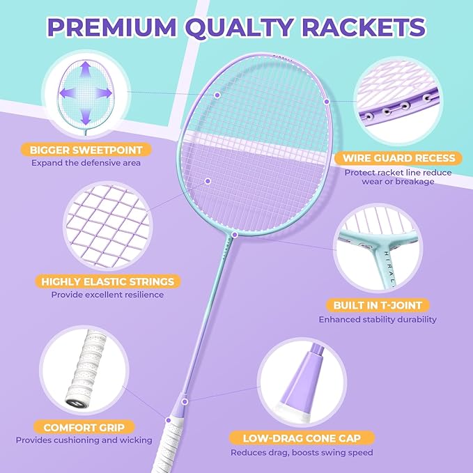 HIRALIY Badminton Rackets Set for Backyards, Lightweight Badminton Set of 2/4, Includ Rackets, Birdies, 1 Carrying Bag, Outdoor Games for Adults Family Kids Beginners