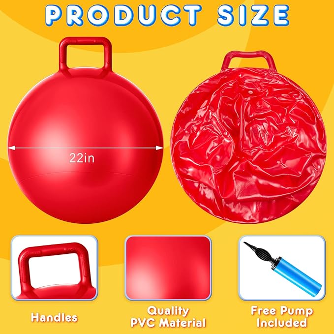 Lewtemi 6 Pcs Hopper Ball Carnival Outdoor Games 22 Inch Jumping Hopping Inflatable Bouncing Ball with Handle and Air Pump for Kids Sport Exercise(Red, Blue, Green, Pink, Yellow, Purple)