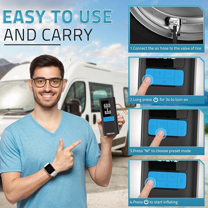 Tire Inflator Portable Air Compressor, 3X Faster 150 PSI 15000mAh Cordless Air Pump for Car with Gauge Dual LCD Display, LED Light & Auto Shut-Off, Tire Pumps for Automobiles/Car/Motor/Bicycle/Ball