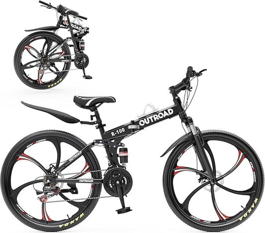 26 Inch Folding Mountain Bike with High Carbon Steel, 21 Speed City Bike with Dual Suspension, Folding Bicycle for Adults Men and Women