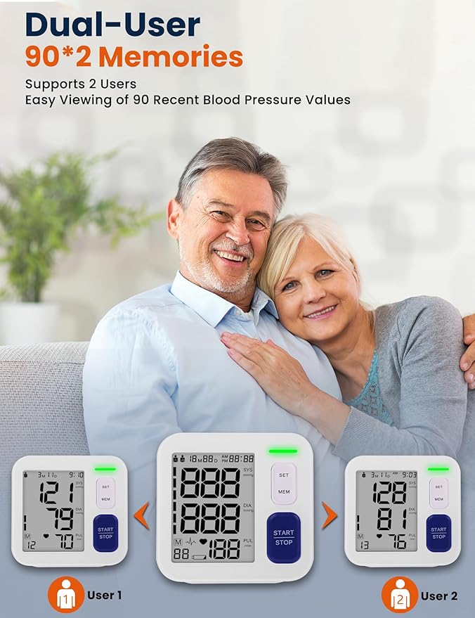 Blood Pressure Monitor Upper Arm Monitors for Home Use, Automatic Accurate BP Machine with 9"-17" Adjustable Cuff, 4" LCD Screen Home Hypertension Detector, 2 x 90 Memory & HR Detection, Storage Bag