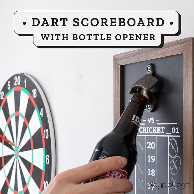 Play Platoon Dart Scoreboard & Darts Holder Wall Mount with Bottle Opener - Wood Score Board, Professional Darts Accessories, Dart Holder