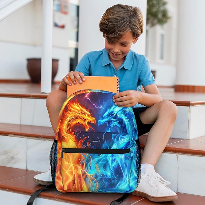 Dragon Backpack for Boys Girls Red Blue Fire Bookbags Lightweight Adjustable Elementary Middle High School Bags for Kids Children Teenagers Travel Daypack Cool Lightning Galaxy Backpacks Gifts