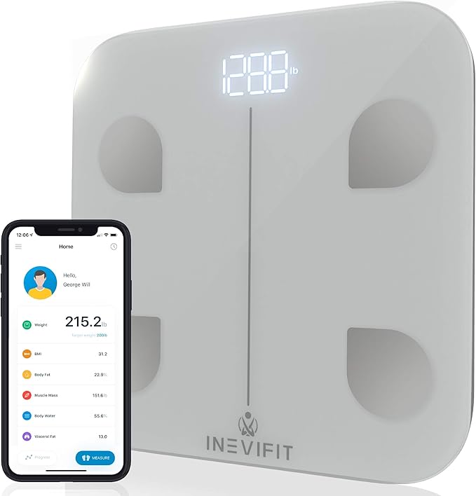 INEVIFIT Smart Body Fat Scale, BMI Highly Accurate Bluetooth Digital Bathroom Body Composition Analyzer. Measures Body Fat, Water, Muscle, Bone Mass & More for Unlimited Users