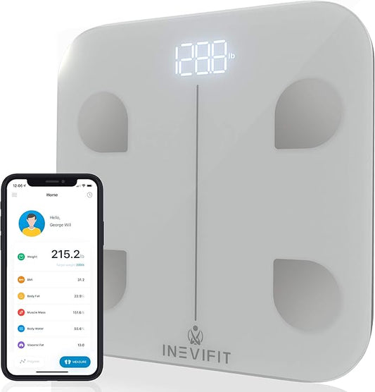 INEVIFIT Smart Body Fat Scale, BMI Highly Accurate Bluetooth Digital Bathroom Body Composition Analyzer. Measures Body Fat, Water, Muscle, Bone Mass & More for Unlimited Users