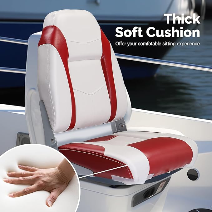 PEXMOR Boat Seats Low/High Back, Folding Boat Seat Included, Fold-Down Fishing Boat Seats Waterproof Captain Boat Seat w/Aluminum Hinges & Thick Soft Cushion, 2 Packs (High Back-Red & White)