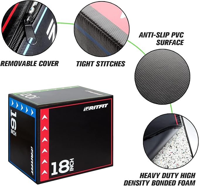 RitFit 3 in 1 Extra Firm Soft Plyo Box Foam Plyometric Box-30”x24”x20”-20"x18"x16" Heavy Duty High Density Foam Jumping Box 3 Sizes with PVC Cover,Platform for Home Gym Fitness, 440lb Weight Capacity