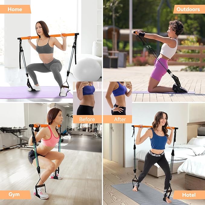 Hommie Portable Pilates Bar Kit with Resistance Bands for Men and Women，Upgraded 3 Section Pilates Bar with Resistance Bands (20-60lb) for Home Gym Equipment Supports Full-Body