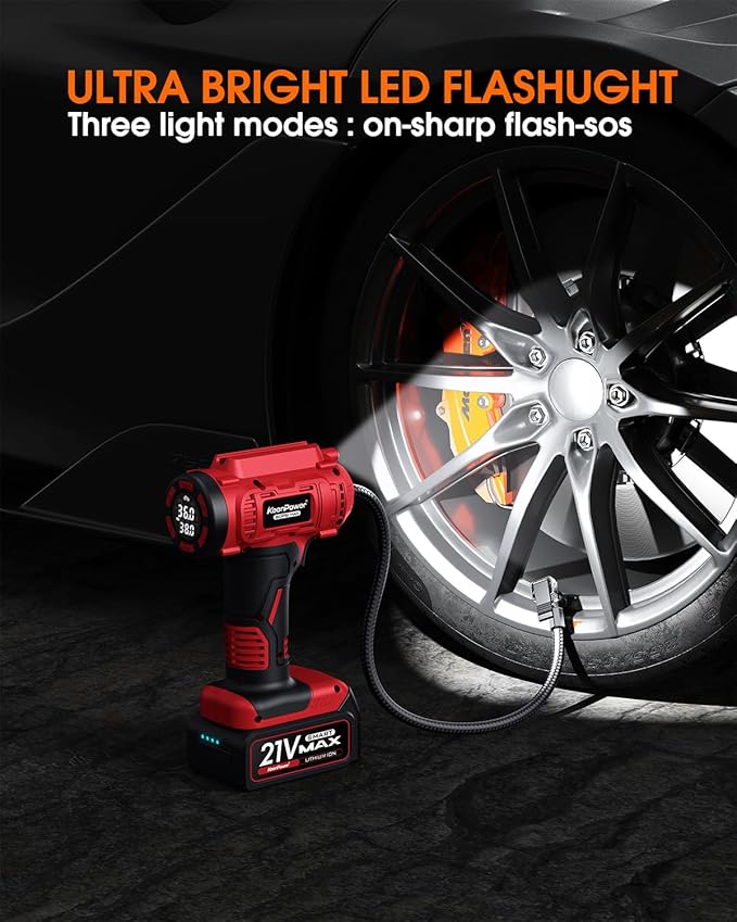 Cordless Tire Inflator Portable Air Compressor, 160PSI Car Tire Air Pump, 21V Rechargeable Battery Powered Air Compressor, Dual Power, Larger HD Digital Gauge w/4+N Smart Modes (Red)