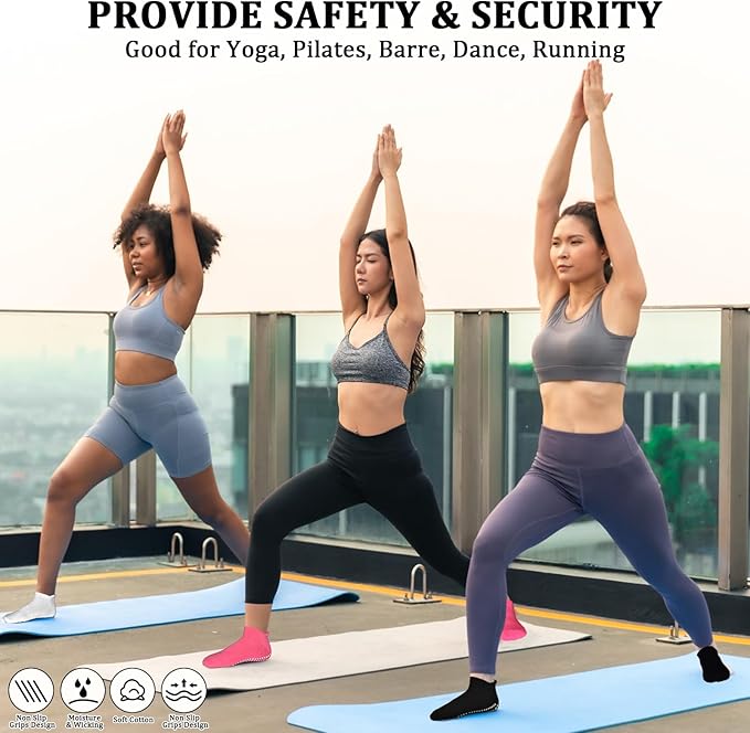 SkiBeaut Grips Non Slip Socks for Women, 4 Pairs Yoga Pilates Anti Skid Woman Hospital Gripper Socks (5-12)