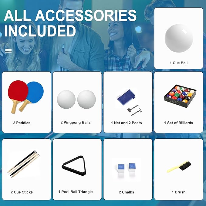 3 in 1 Billiard Table, 5.5 FT Folding Pool Table with Ping Pong Table and Dining Top, Multi Game Table Includes Billiard Accessories and Tennis Paddles for Family Game Room, Basements