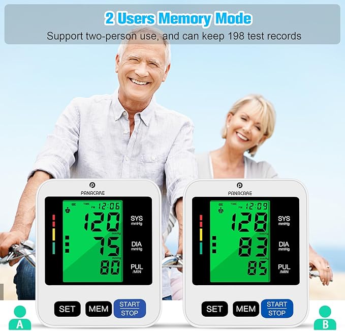 Blood Pressure Monitor Upper Arm Blood Pressure Machine for Home Use BP Cuff Kit, Large 3-Color 3.4'' Display with Backlight,Pulse Rate Detection Meter with Cuff 22-42cm/2×99 Sets Memory (Black)