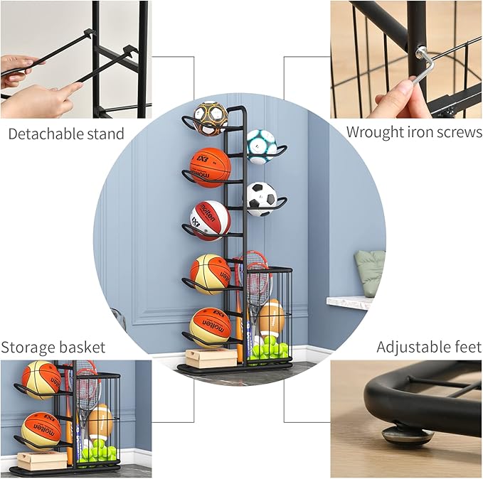 7-Ball Sports Equipment Storage Rack with Ball Holder and Basketball Rack, Athletic Gear Organizer ball Stand - Organize Toys, Sports Gear and More, 57.5" (Black)