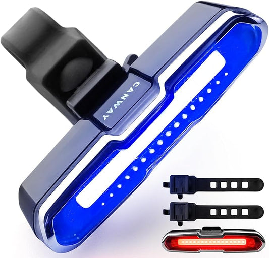 Canway Bicycle Rear Light Red/Blue, Bike Tail Light Rechargeable 168 Lumens Bike Tail Light Battery USB C 500mah Turn Signals 5 Modes Waterproof Safety for Road Mountain Night Riding