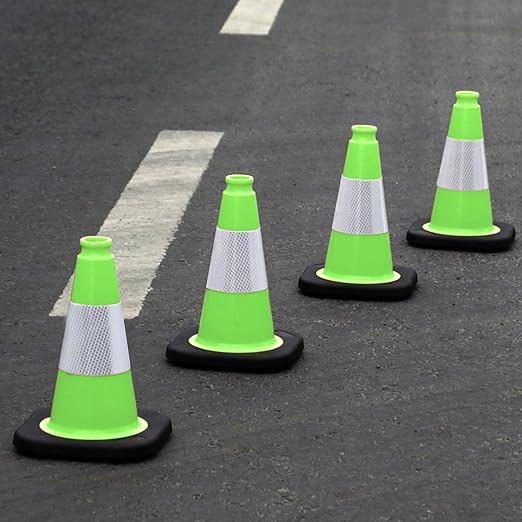 8 Pack 12” Green Traffic Safety Cones – Black Base Cones with 4” Reflective Collars – Stable PVC Road Cones for Parking, Construction, and Public Safety Use(12 inch-8Pack)