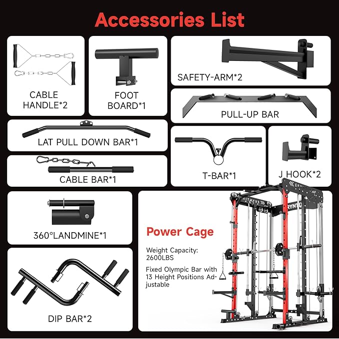 Smith Machine Power Rack | All-in-One Power Cage with Adjustable J-Hooks, Squat Rack for Home Gym, Cable Machine & Pull-Up Bar | Home and Garage Gym Equipment for Strength Training