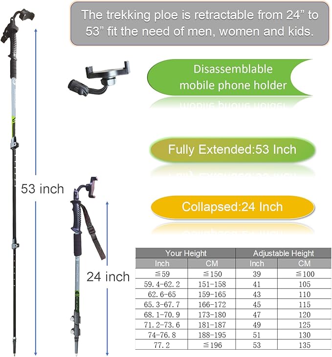 EpochCreate Hiking&Trekking Poles&Selfie Stick-Lightweight,Adjustable Flip Locks,Compact,Aircraft Grade Aluminum Walking Sticks for Hiking,All-Terrain for Seniors,Men & Women