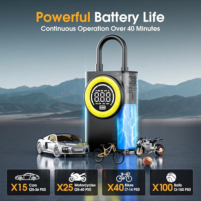 Tire Inflator Portable Air Compressor,150 PSI Cordless Air Pump for Car Tires with Digital Pressure Gauge & LED Light,5X Faster Portable Tire Inflator for Car,Motorcycle,Bike,Ball