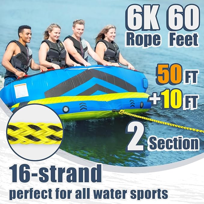 Boat Tow Rope 60ft 3-6K, Floating Ropes for Towable Tubes，Watersport Accessories