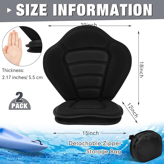 Lewtemi 2 Set Thicken Kayak Seat with Back Support Canoe Paddle Board Seat with Detachable Storage Bag Adjustable Sit on Top Paddleboard Cushion for Kayaking Canoeing Rafting
