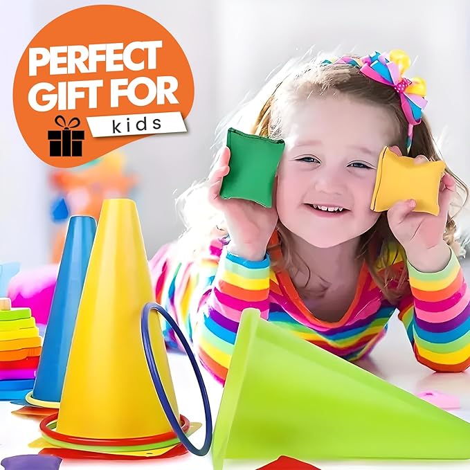 CircleCraft 31 Pcs. Plastic Cones and Rings Games Ring Toss Games for Adults, Carnival Games for Kids, Bean Bag for Kids Games Birthday Party, Yard Game, Sports & Outdoor Game for Family Party
