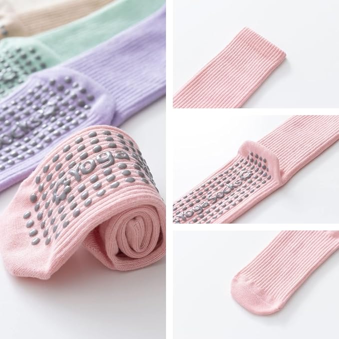 Yoga Pilates Socks with Grips for Women Non Slip Solid Colored Cushioned Crew Compression Socks for Barre Ballet Dance