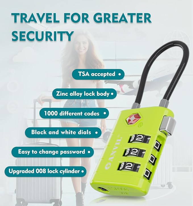 ANVIL TSA Approved Luggage Locks – High Security TSA008 Combination Travel Locks with Inspection Indicator for Suitcases and Backpacks. (4, Grass Green)