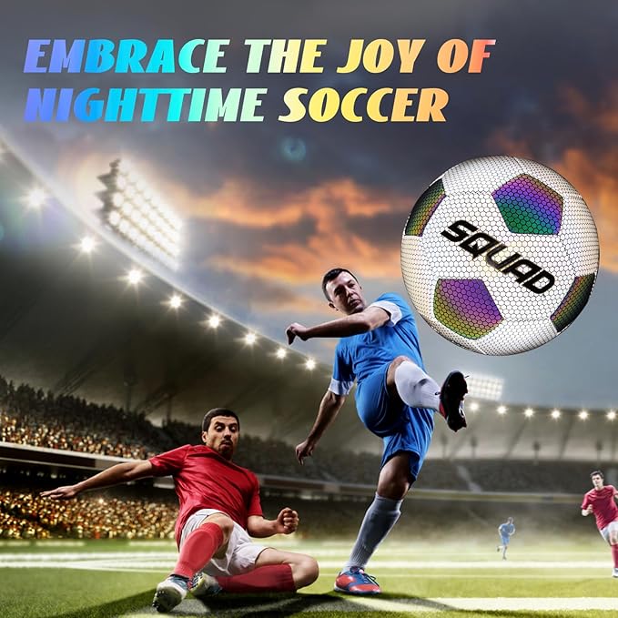 SQUAD Holographic Reflective Soccer Ball Size 5 - Reflective Glowing Ball for Night Games & Training - Durable PU Leather and Rubber Airbags - Cool & Unique Gift for Soccer Fans