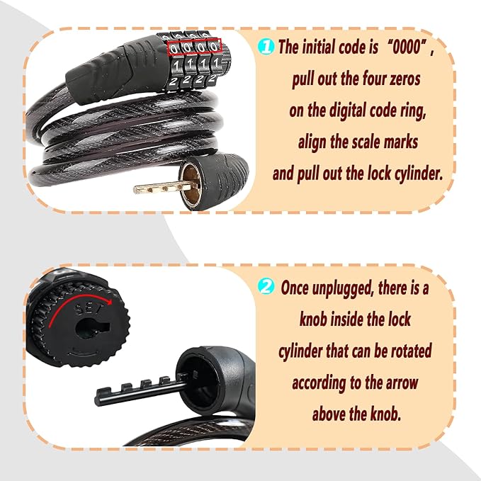 4-Digit Combination Bike Lock - Heavy Duty Anti Theft Cable Lock with Keyless Security, Weatherproof Design for Bicycle, E-Bike, Scooter，Motorcycles,Mountain Bike,Road Bike,Metal Sliding Door