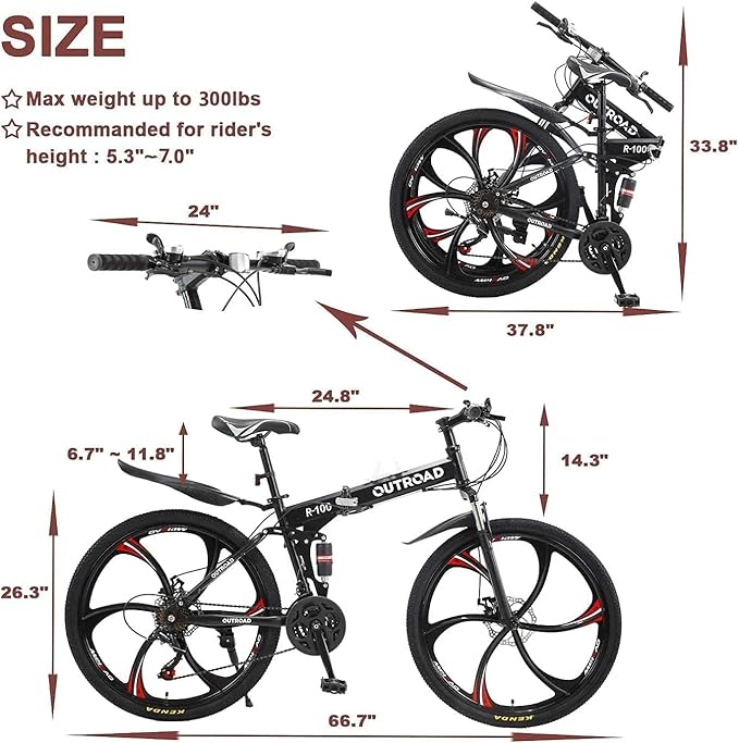Outroad Folding Mountain Bike Foldable/Unfoldable Bike 26 Inch for Adult, 21-Speed Dual Suspension High-Carbon Steel MTB Foldable Bicycle, Dual Disc Brake Folding Bikes for Women and Men