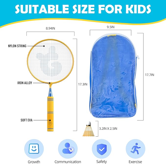 JOY SPOT! Kids Badminton Rackets Set with Soft Grip, Oversize & Lightweight Shuttlecocks Racquet with Carry Bag for Children Youth, 2 Player Sport Game for Indoor Outdoor Backyard
