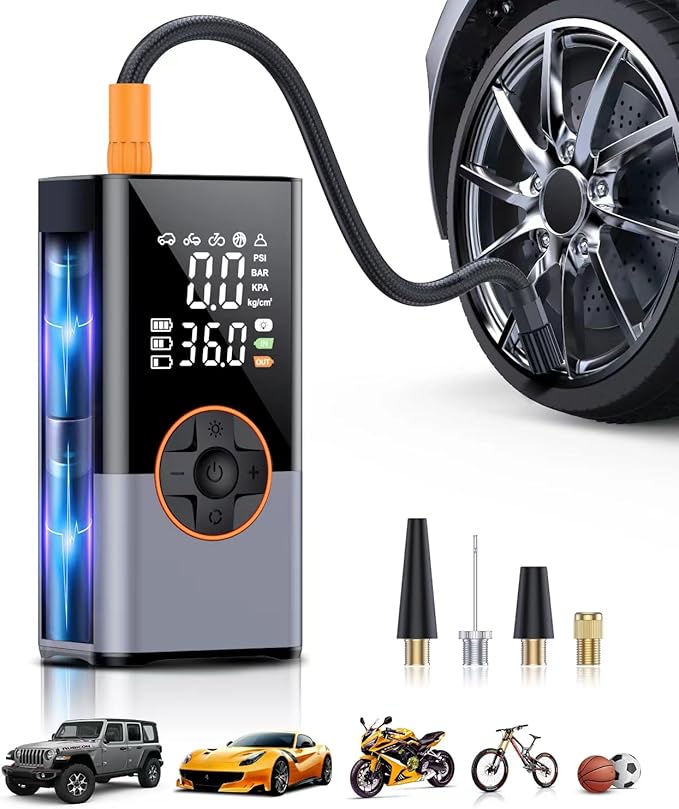 Tire Inflator Portable Air Compressor, 150PSI & 2X Faster Portable Air Compressor with Digital Pressure Gauge, 25000mAh Cordless Air Pump for Car, Motorcycle, Bike, Ball And More