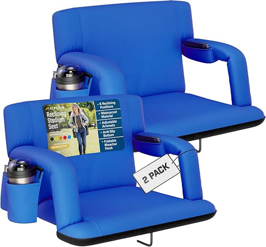 Alpcour Reclining Stadium Seat – Wide Bleacher Chair with Back Support and Cushion, Armrests, Side Pockets, and Bleachers Hook – Best Stadium Seats Chairs for Camping, Kayak, & Paddle Board Backs