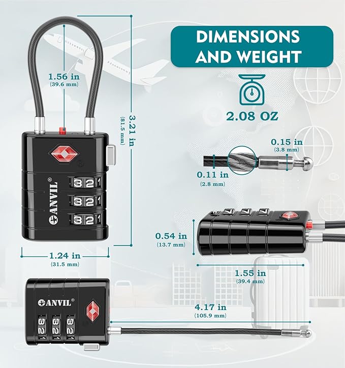 ANVIL TSA Approved Luggage Locks – High Security TSA008 Combination Travel Locks with Inspection Indicator for Suitcases and Backpacks. (1, Black)