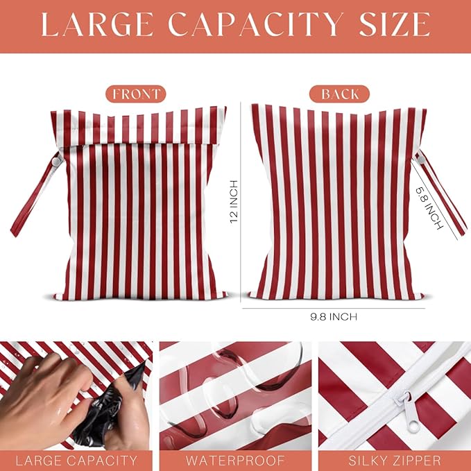 4 Pack Cute Striped Cherry Wet Bag Waterproof Washable Reusable Wet Dry Bag for Swimsuit Bathing Dirty Clothes Pump Parts Cloth Diaper Travel Beach Pool Yoga Gym Toiletries Travel Beach Essentials