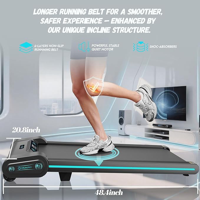 Treadmill with Auto Incline Walking Pad Underdesk for Home Office Potable Compact Running Machine Jogging Caminadora para Casa Up to 13% 6 Levels with Remote Control Indoor Fitness Black