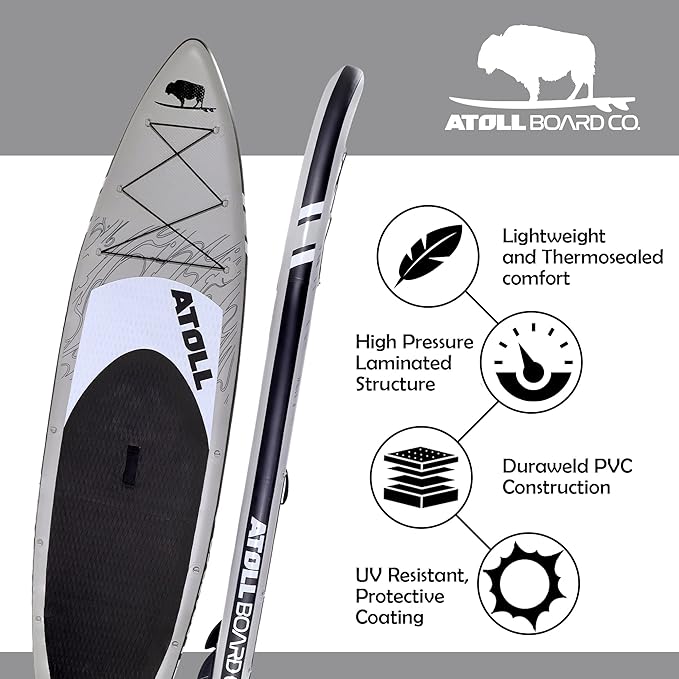 Atoll Inflatable Stand Up Paddle Board ISUP, Bravo Hand Pump and 3 Piece Paddle, Travel Backpack and Accessories New Leash Included Two Sizes - 11ft and 9ft