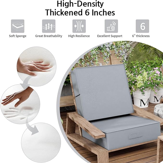 6 Inch Thick Foldable Deep Seat Cushion, 2 PCS 24 x 24 Inch Outdoor Water & Fade Resistant Olefin Patio Furniture Replacement Chair Cushion, with Removable Cover, Handle and Straps, Light Gray