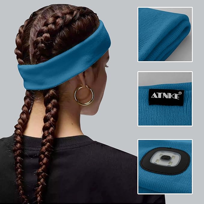 ATNKE 4 LED Lighted Sport Sweatband,USB Rechargeable Running Head Band Lamp High Stretch Wicking Gifts for Men and Women