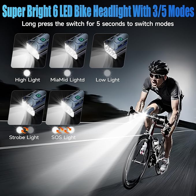 2025 Upgrade Super Bright Rechargeable Bike Lights for Night Riding,6 LED High Lumen 10 Mode Bike Headlight Taillight,360°Rotatable Brackt,Aluminum Front Lights,Runtime 48+ hrs,Shockproof Waterproof