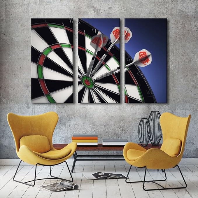 3 Pieces Black and White Wall Art Dart Plate Painting Artwork Dart Hits the Bullseye Canvas Pictures Print Contemporary Wall Art for Bar Club Living Room Stretched Framed Ready to Hang(28"Wx42"H)