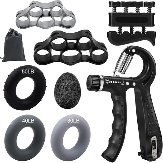 Grip Strength Trainer Forearm Strengthener Kit 8 Pack, Adjustable Hand Gripper Strengthener 10-100KG, Finger Strengthener Exerciser, Grip Ring and Hand Exercise Stress Balls for Arthritis Hand Therapy
