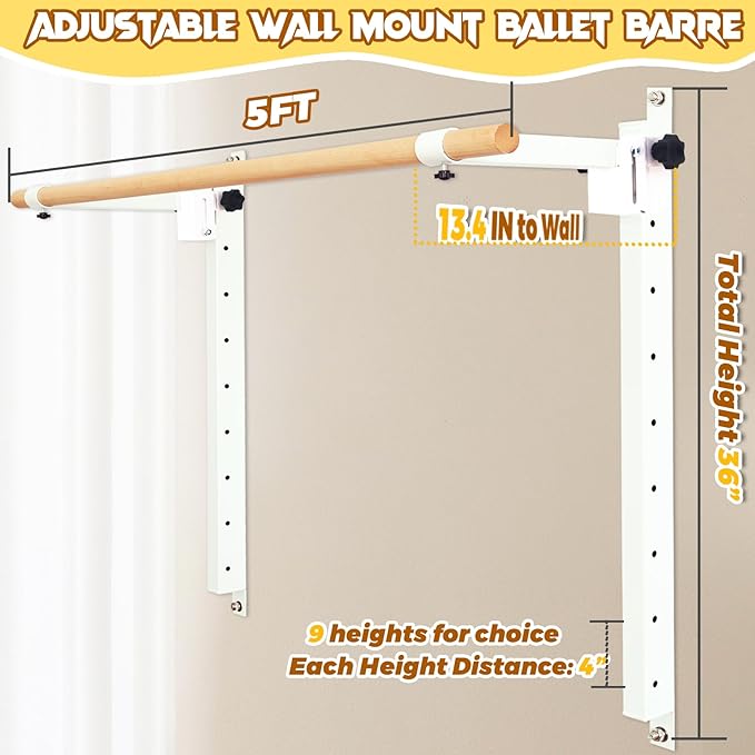 Wall Mounted Ballet Barre Adjustable Ballet Bar Foldable Dance Bar-Fully Adjustable -Solid Beech Wood Bar,Ballet workout Fitness Equipment Pull Up Stretch Never move
