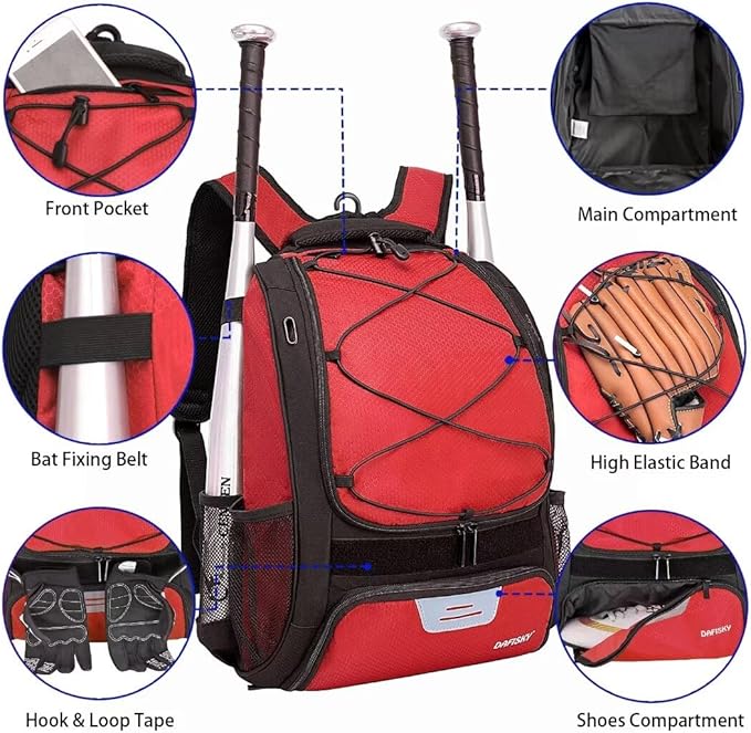 Baseball Bag Softball Backpack - Youth Adult T Ball Bat Equipment Bag with Bat Helmet Holders, Shoe Compartment