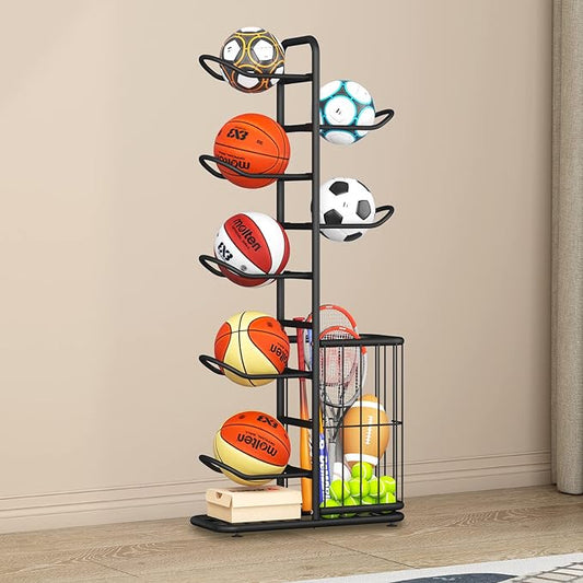 7-Ball Sports Equipment Storage Rack with Ball Holder and Basketball Rack, Athletic Gear Organizer ball Stand - Organize Toys, Sports Gear and More, 57.5" (Black)